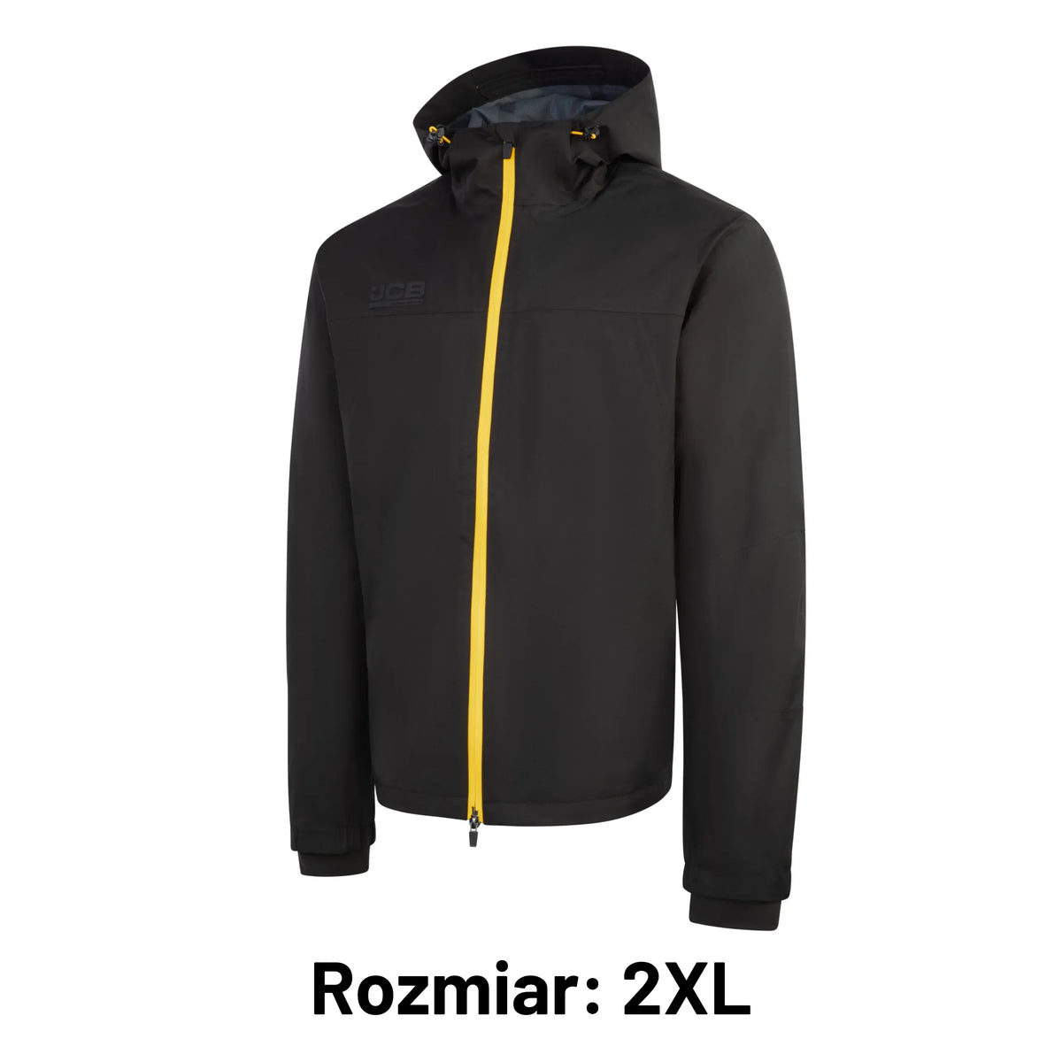 Kurtka przeciwdeszczowa JCB008BL2XL czarna z kapturem i żółtym zamkiem, etykieta Rozmiar 2XL