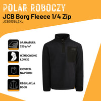 Infografika polaru roboczego JCB Borg z ikonami gramatura 320g/m2, wzmocnione łokcie, kieszeń na piersi, regulacja dołu