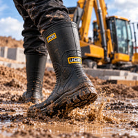 Kalosze antypoślizgowe JCB w błocie na budowie, rozbryzg wody przy kroku, koparka w tle