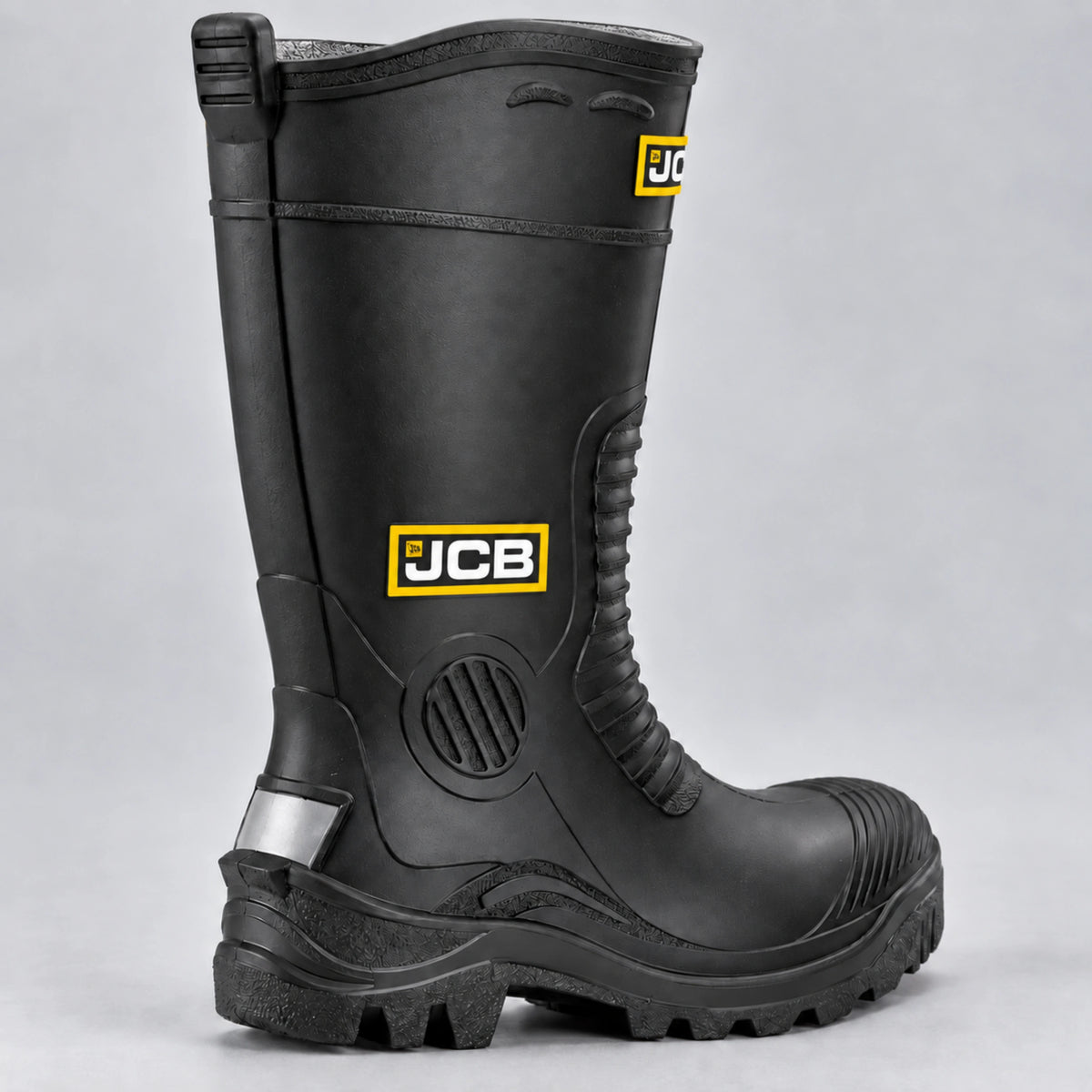 Kalosze antypoślizgowe JCB z żółtym logo i szarym paskiem na pięcie, widok z boku