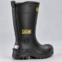 Kalosze antypoślizgowe JCB z żółtym logo i szarym paskiem na pięcie, widok z boku