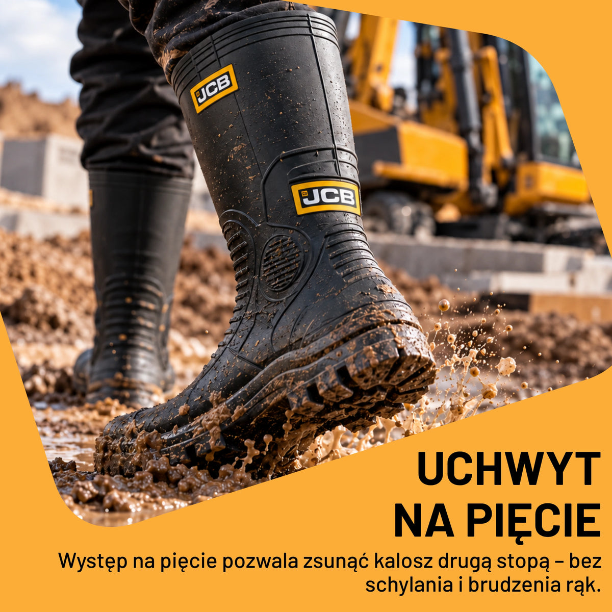 Kalosze do pracy JCB na budowie, uchwyt na pięcie do zsuwania kalosza drugą stopą