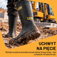 Kalosze do pracy JCB na budowie, uchwyt na pięcie do zsuwania kalosza drugą stopą