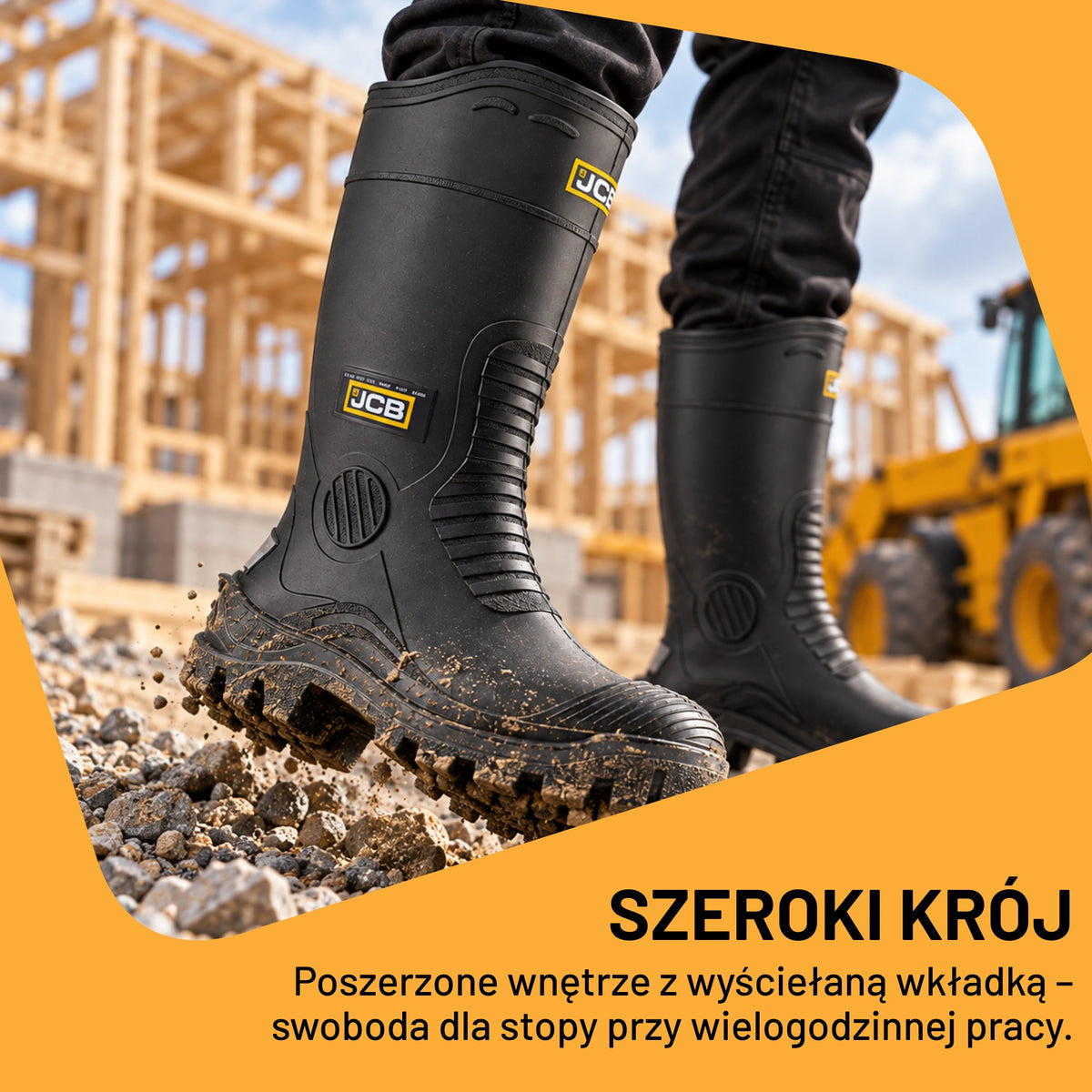 Kalosze wysokie JCB na budowie, szeroki krój, poszerzone wnętrze z wyściełaną wkładką