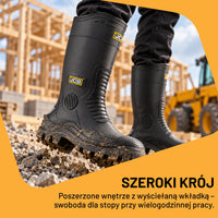 Kalosze wysokie JCB na budowie, szeroki krój, poszerzone wnętrze z wyściełaną wkładką