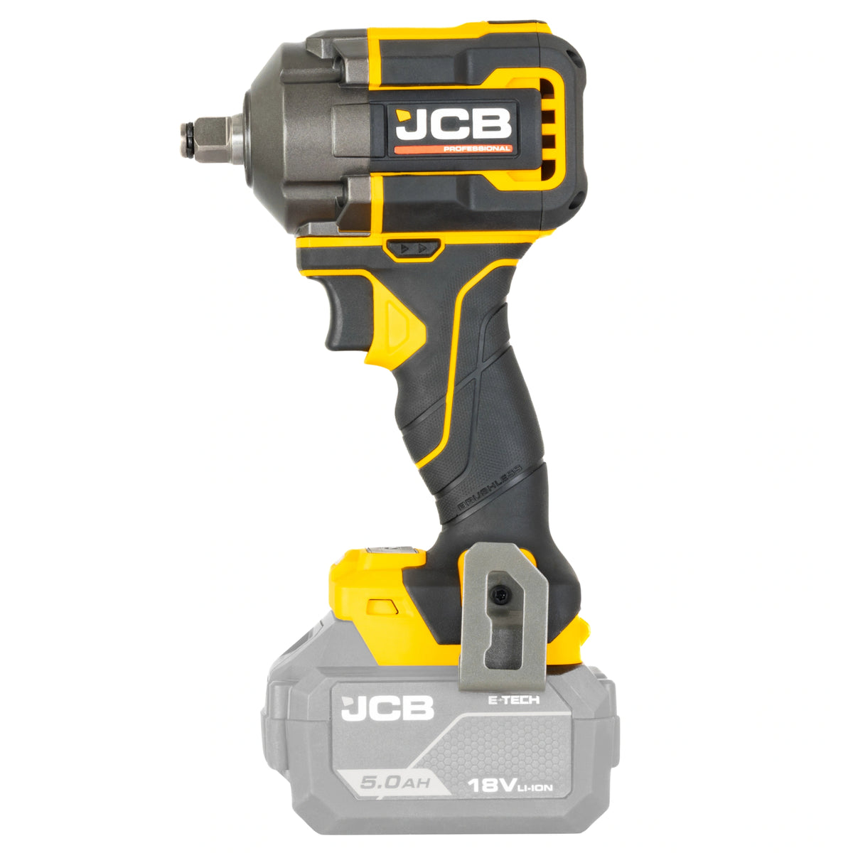 klucz udarowy akumulatorowy bezszczotkowy JCB Professional 18V 1/2 żółto-szary z akumulatorem 5.0Ah ujęcie z lewej strony
