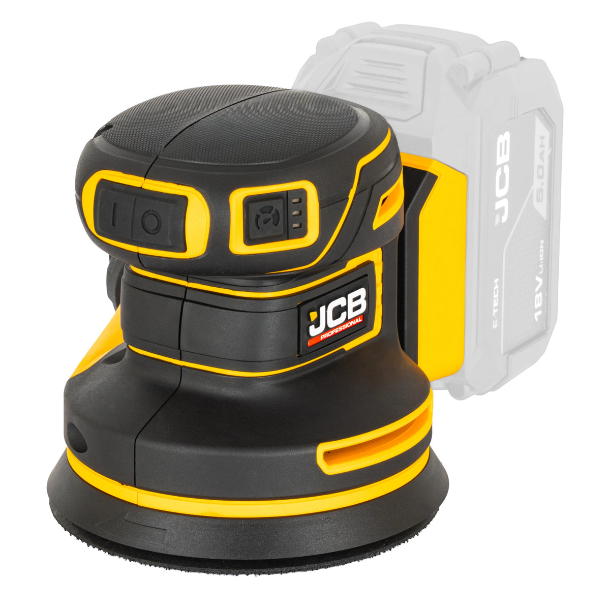 szlifierka mimośrodowa akumulatorowa JCB Professional 18V żółto-czarna korpus bez akumulatora ujęcie z lewej strony (2)