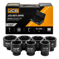 Zestaw nasadek udarowych JCB-8071-5MPB 7szt 1" Cr-Mo 46-75mm rozłożonych przy pudełku JCB Impact Socket Set