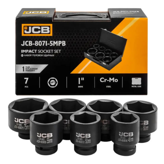 Zestaw nasadek udarowych JCB-8071-5MPB 7szt 1" Cr-Mo 46-75mm rozłożonych przy pudełku JCB Impact Socket Set