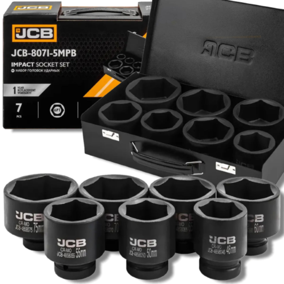 Zestaw nasadek udarowych JCB-8071-5MPB Impact Socket Set 7szt rozłożonych przy pudełku, napęd 1" Cr-Mo