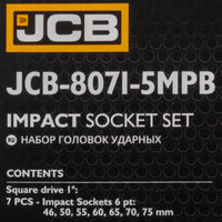 Etykieta zestawu nasadek udarowych JCB-8071-5MPB z listą zawartości: napęd 1", nasadki 6-kątne 46 50 55 60 65 70 75mm