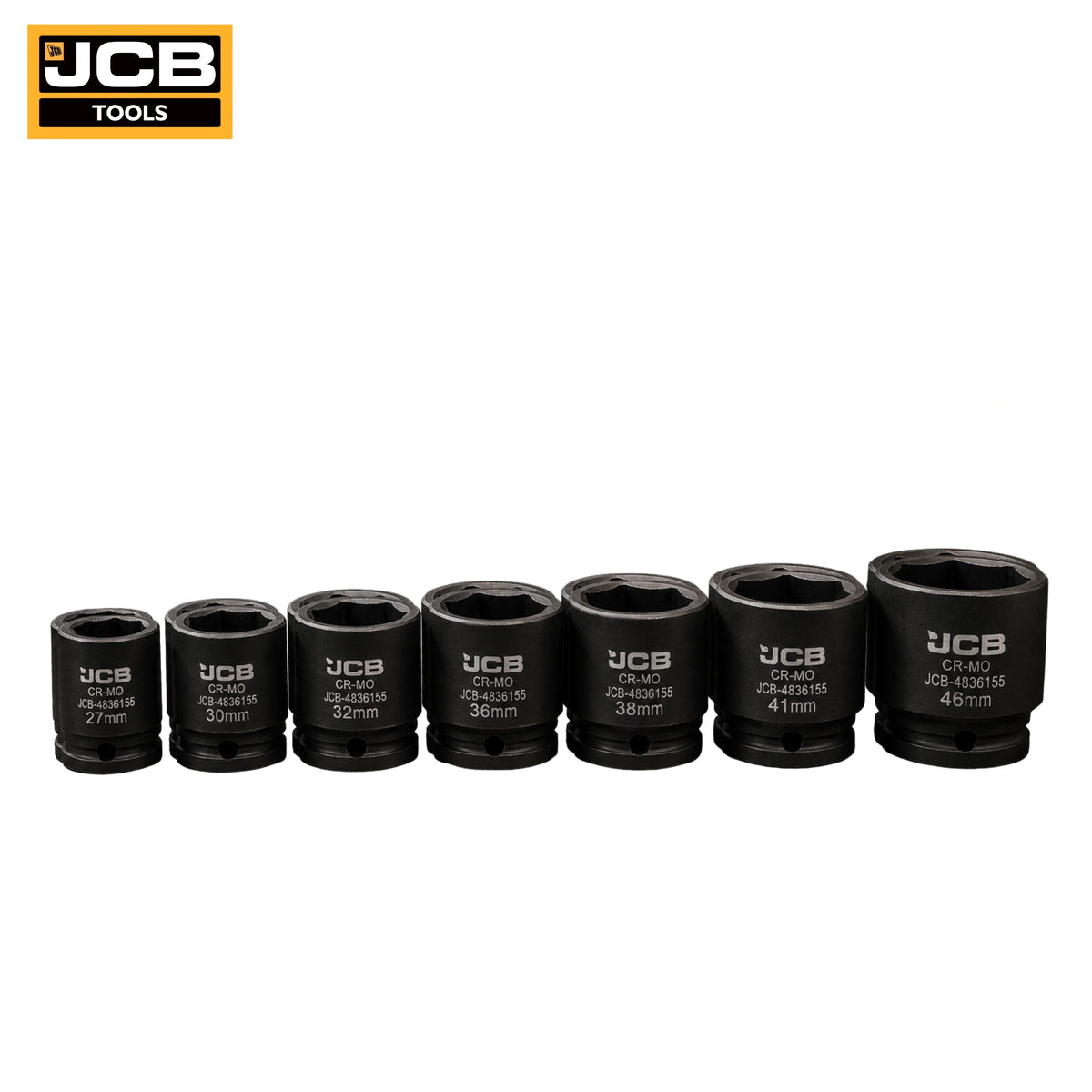 7 nasadek udarowych krótkich JCB 1" 46-75mm czernione z logo JCB, widok z góry pod kątem