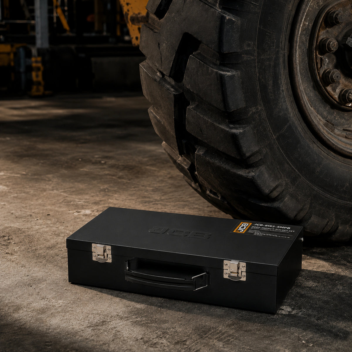 Zamknięta metalowa walizka zestawu nasadek udarowych JCB-8152-5MPB przy oponie ciągnika, ujęcie plenerowe