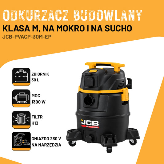 Промисловий пилосос JCB Tools 30 л для сухого та вологого прибирання 1300 Вт з розеткою для електроінструменту