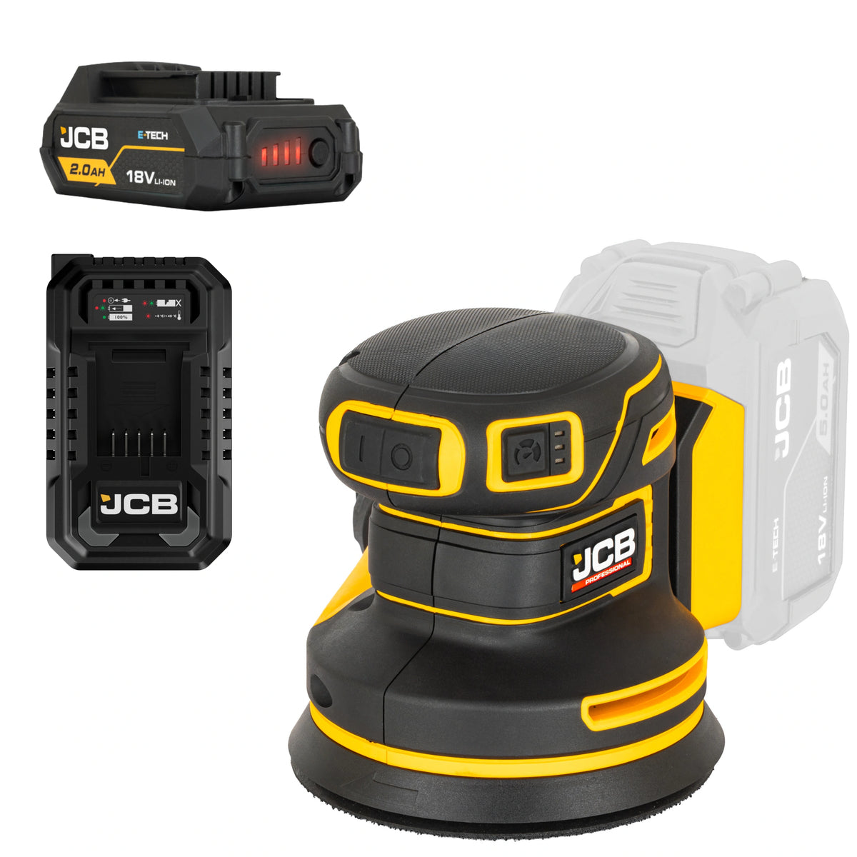 szlifierka mimośrodowa akumulatorowa JCB Professional 18V żółto-czarna z akumulatorem E-Tech 2.0Ah i ładowarką ujęcie z prawej strony