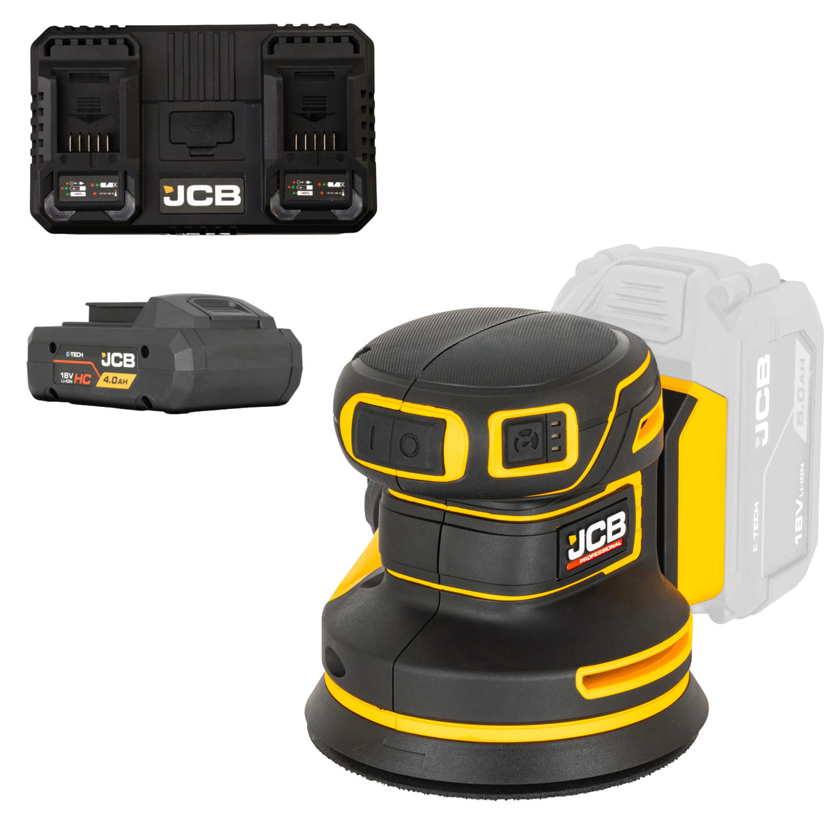 szlifierka mimośrodowa akumulatorowa JCB Professional 18V żółto-czarna z akumulatorem E-Tech HC 4.0Ah i podwójną ładowarką ujęcie z prawej strony