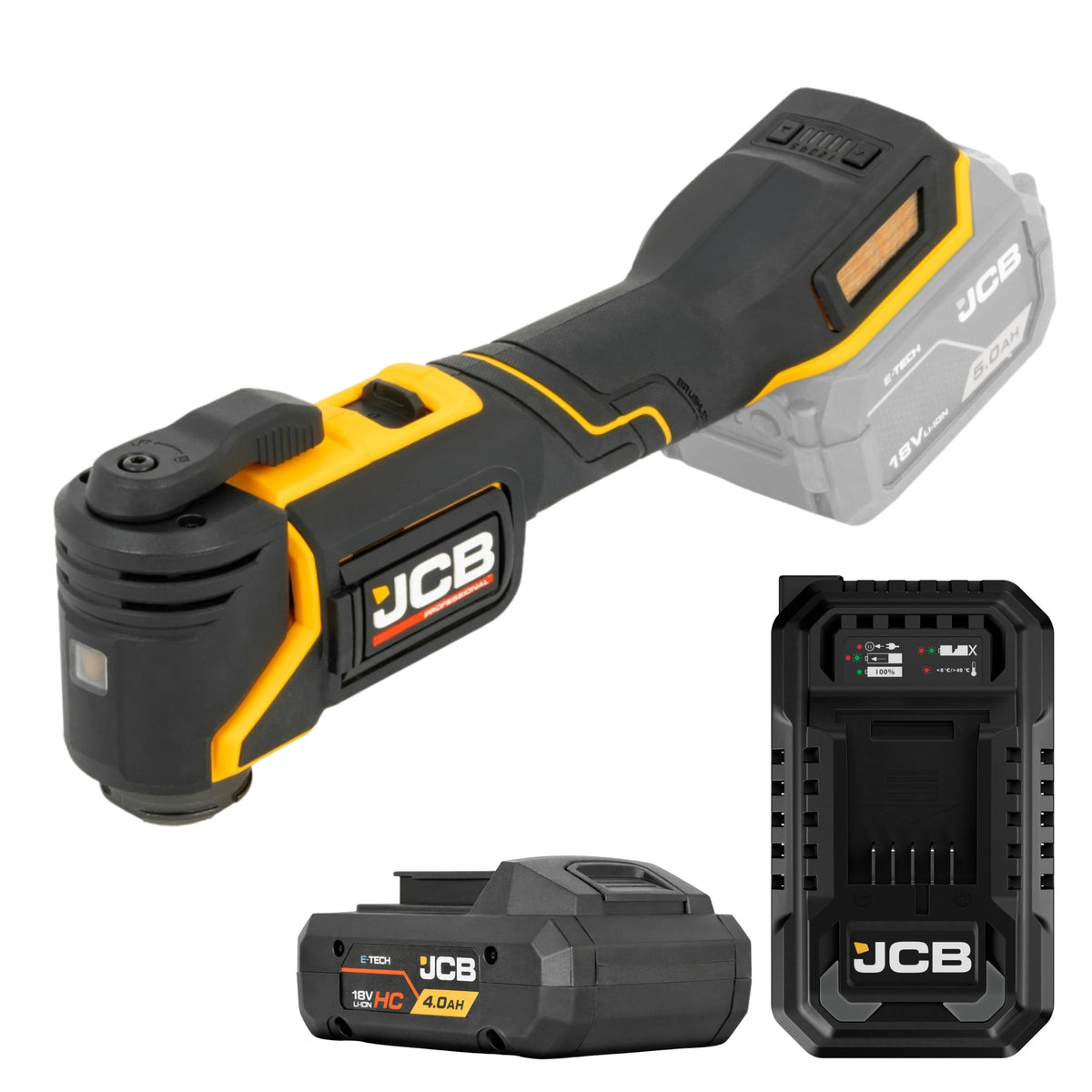 Multinarzędzie JCB 18V ujęcie pod skosem oraz osobno akumulator 4.0Ah HC i szybka ładowarka
