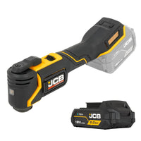 Żółto‑czarny multitool JCB z widocznym logo i baterią 18V 2.0Ah obok.