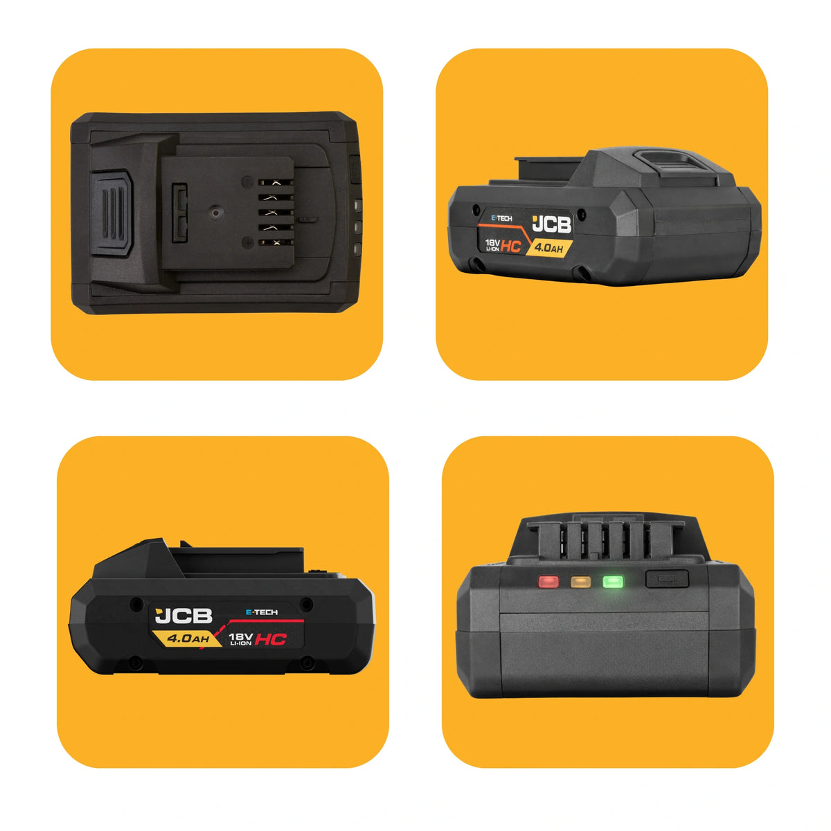 infografika akumulatora JCB E-Tech 18V HC 4.0Ah cztery ujęcia spód bok tył z trójkolorowym wskaźnikiem naładowania