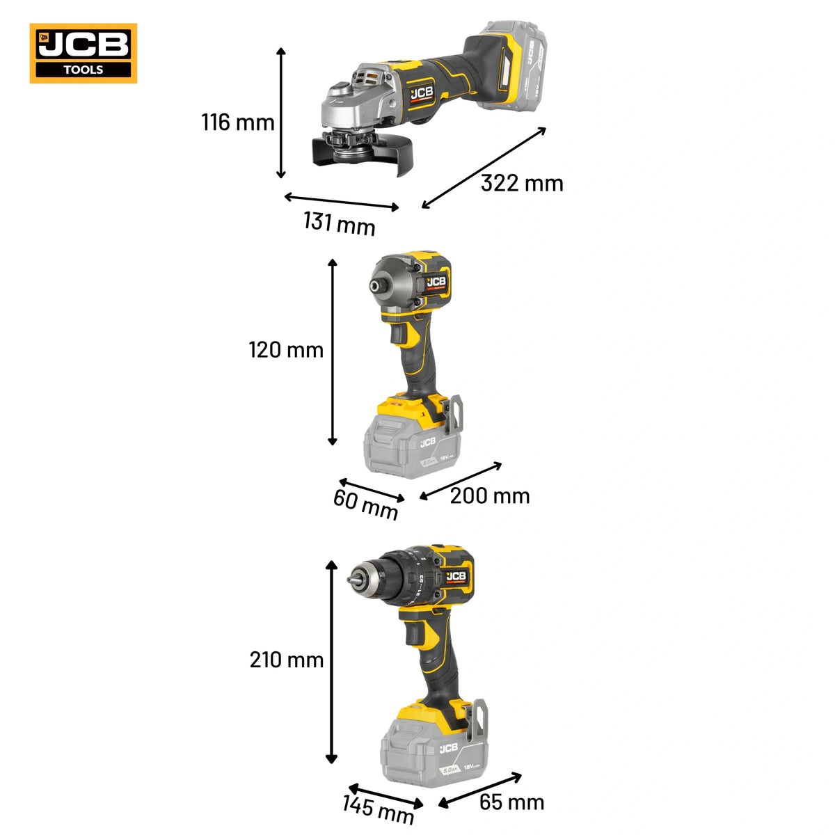 Infografika zestawu elektronarzędzi JCB Professional 18V - wiertarko-wkrętarka 75 Nm, zakrętarka udarowa 230 Nm i szlifierka kątowa 125 mm - zestaw narzędzi akumulatorowych