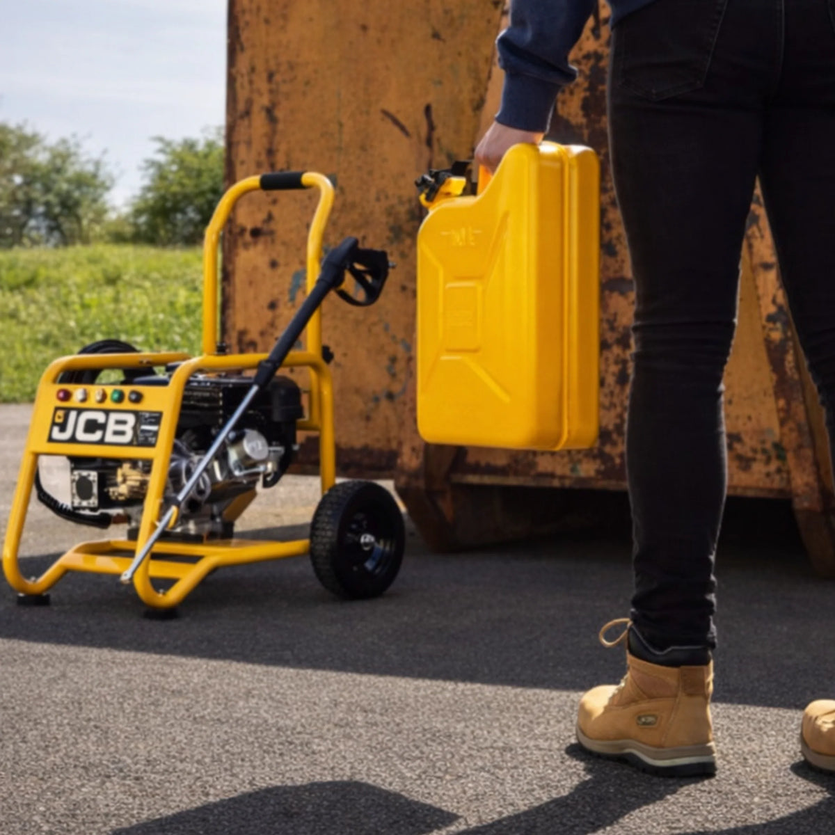 Myjka ciśnieniowa JCB PW15040PP24 gotowa do pracy obok pracownik z żółtym kanistrem do tankowania myjki tekst wysoki przepływ 15 l na min ułatwia czyszczenie dużych powierzchni