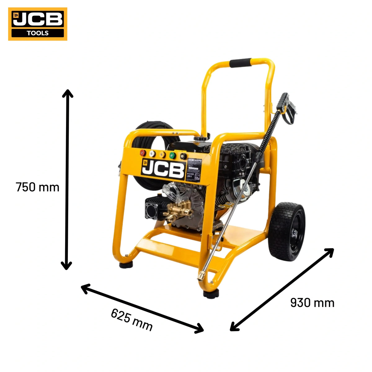Infografika myjki ciśnieniowej JCB PW7532P24 z tekstem JCB 3100psi 213bar oraz ikonami pompa annovi reverberi koła terenowe wąż 12m i silnik 224 cm3