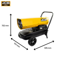 Nagrzewnica olejowa JCB 37 kW SH140DP24 z termostatem i wyświetlaczem na białym tle - nagrzewnica olejowa z odprowadzeniem spalin