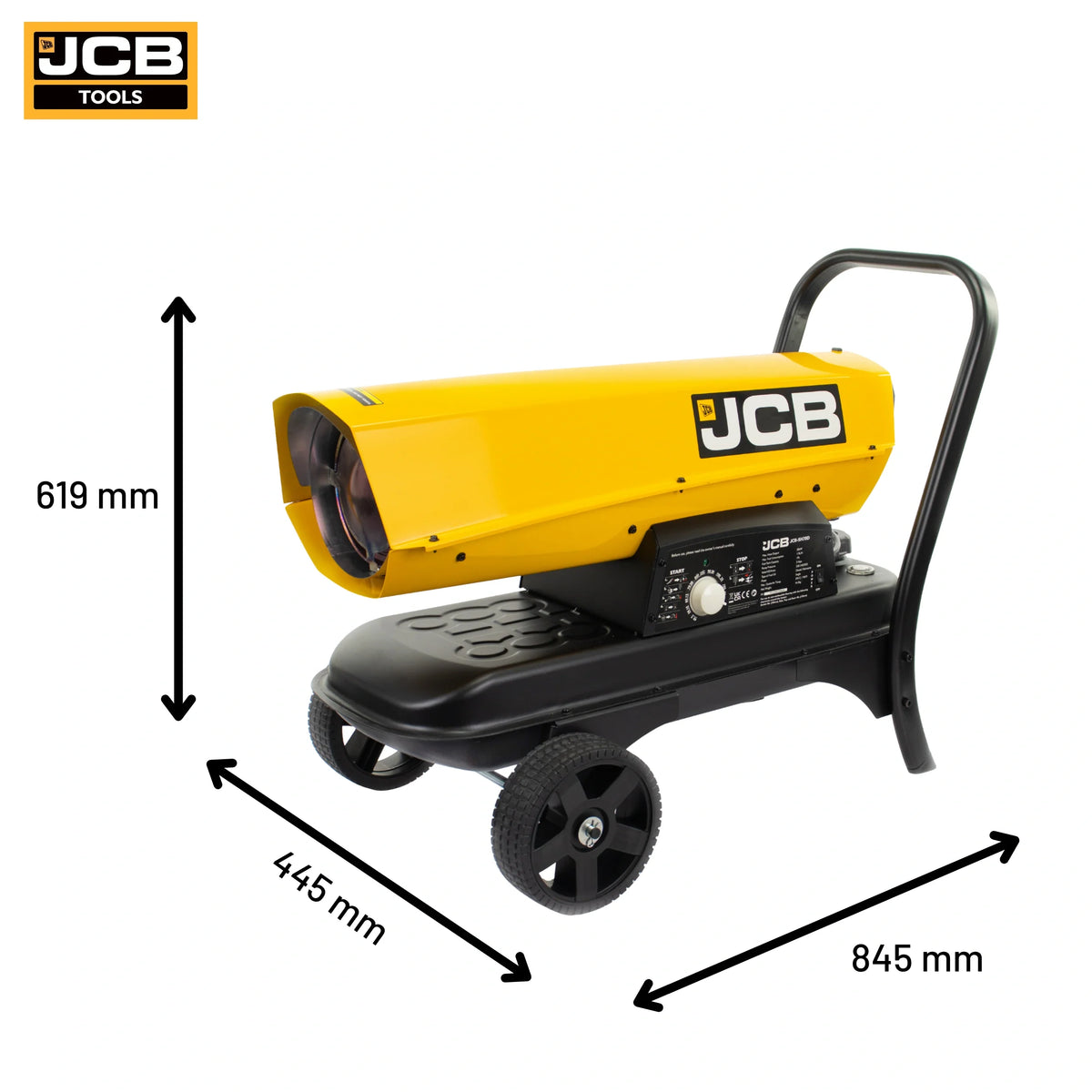 Nagrzewnica olejowa JCB 20 kW SH70DP24 z termostatem na białym tle - nagrzewnica olejowa z odprowadzeniem spalin