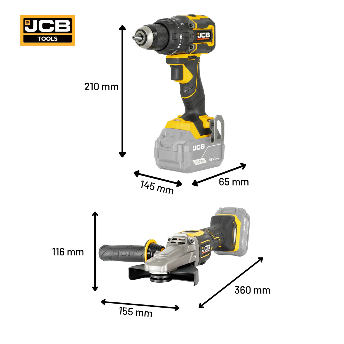 Wiertarko-wkrętarka udarowa JCB Professional 18V 75 Nm na białym tle - zestaw ze szlifierką płaską 18V