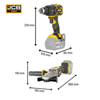 Wiertarko-wkrętarka udarowa JCB Professional 18V 75 Nm na białym tle - zestaw ze szlifierką płaską 18V