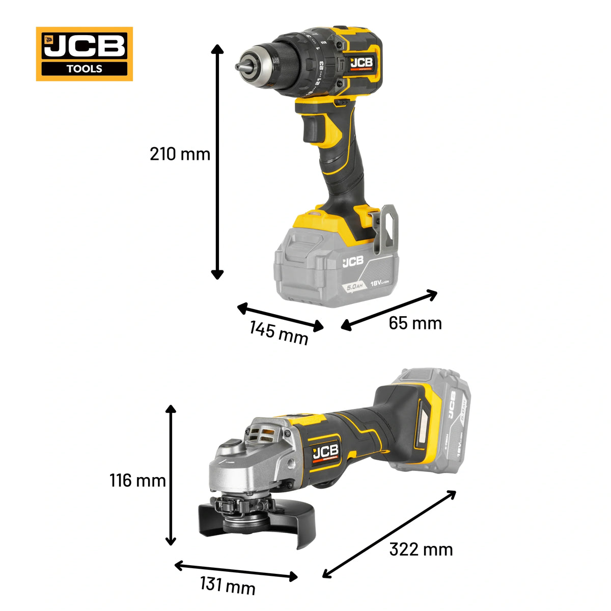 Wiertarko-wkrętarka udarowa JCB Professional 18V 75 Nm na białym tle - zestaw ze szlifierką kątową 125 mm