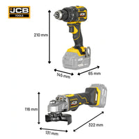 Wiertarko-wkrętarka udarowa JCB Professional 18V 75 Nm na białym tle - zestaw ze szlifierką kątową 125 mm