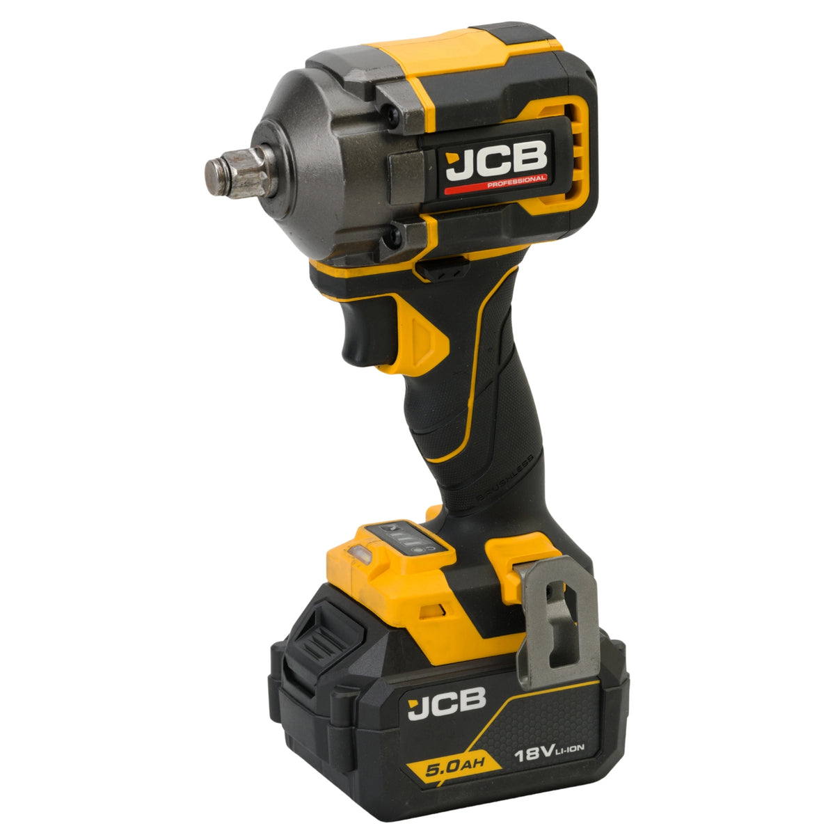 klucz udarowy akumulatorowy JCB Professional 18V 1/2 z akumulatorem 5.0Ah żółto-czarny ujęcie z lewej strony