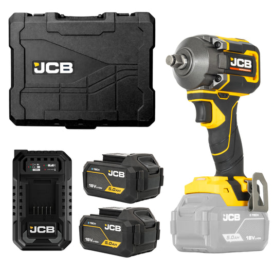 JCB Professional klucz udarowy 18V 620 Nm, zestaw z dwoma akumulatorami 5,0 Ah, ładowarką i walizką
