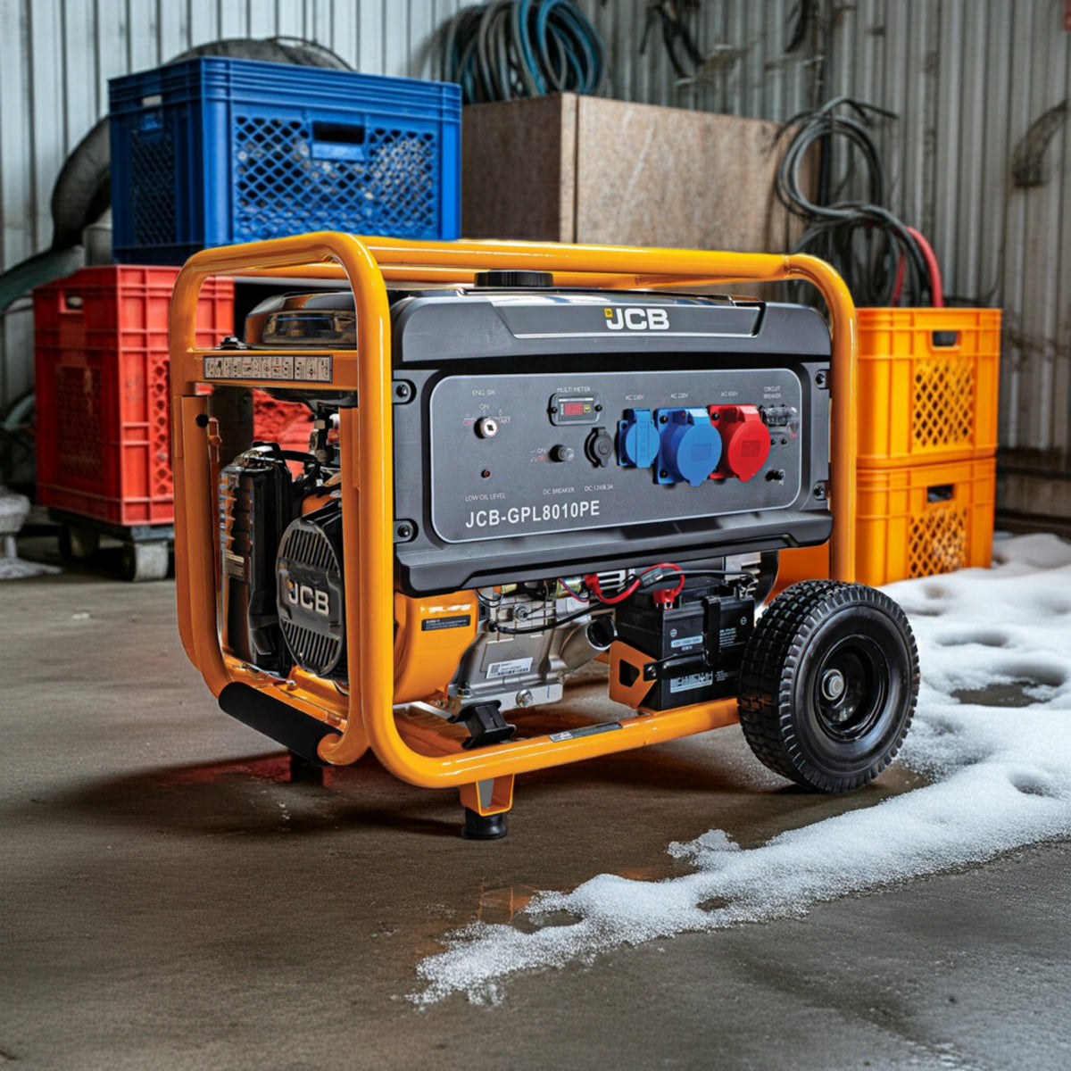 Agregat prądotwórczy JCB GDE8000PE 7.9 kW w hali widok z parametrami podwójny system rozruchu elektryczny i ręczny